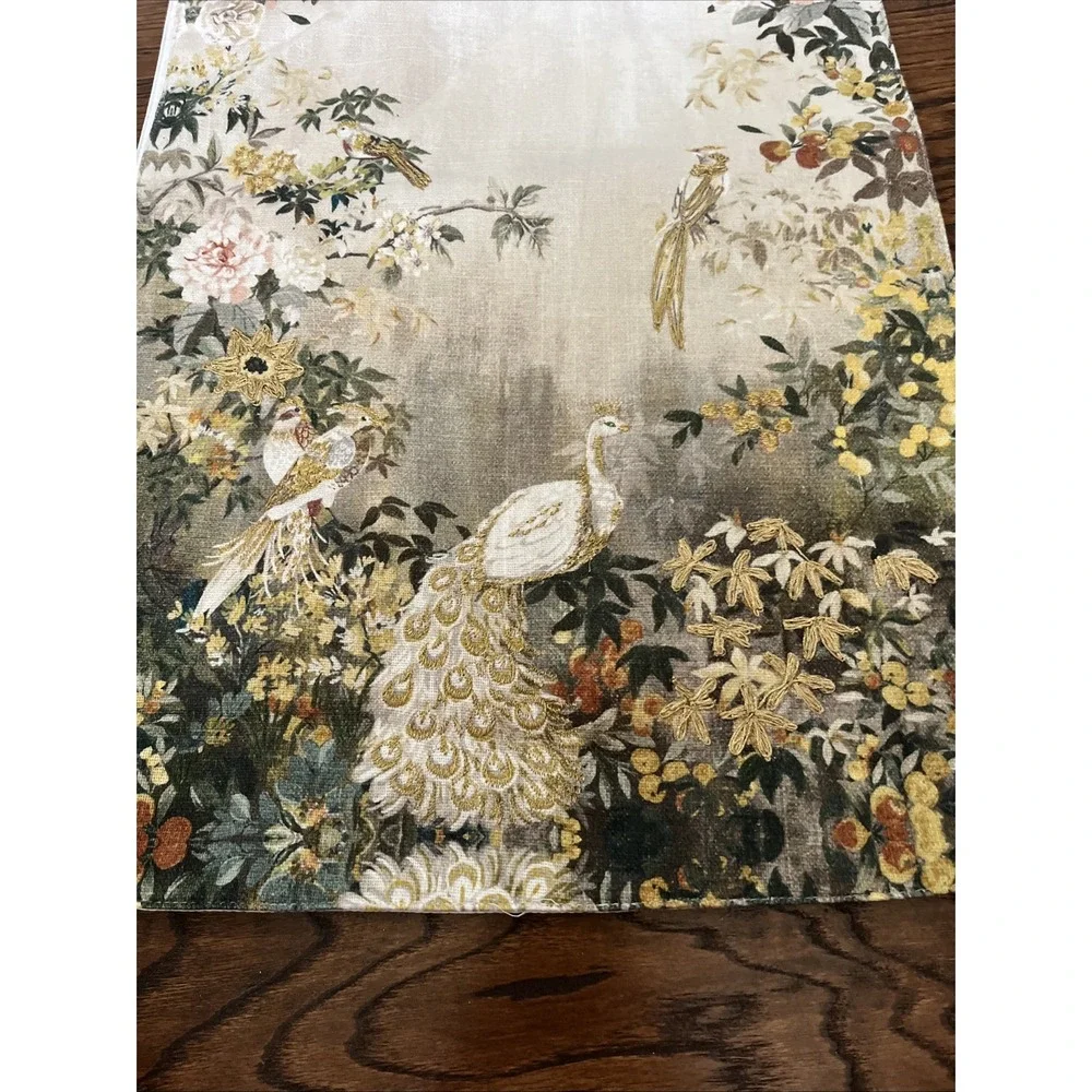 anatara Print Gold Embroidered table runner Floral Birds white peacocks 16 X 80